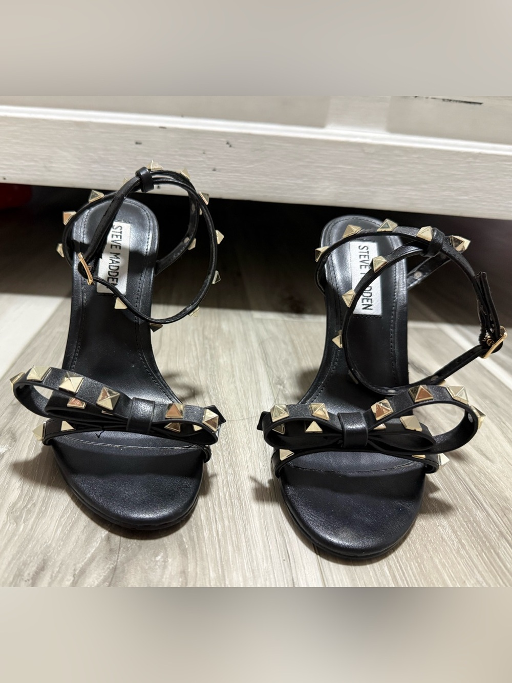 Steve Madden Black Ankle-Strap Heels with Gold Pyramid Studs